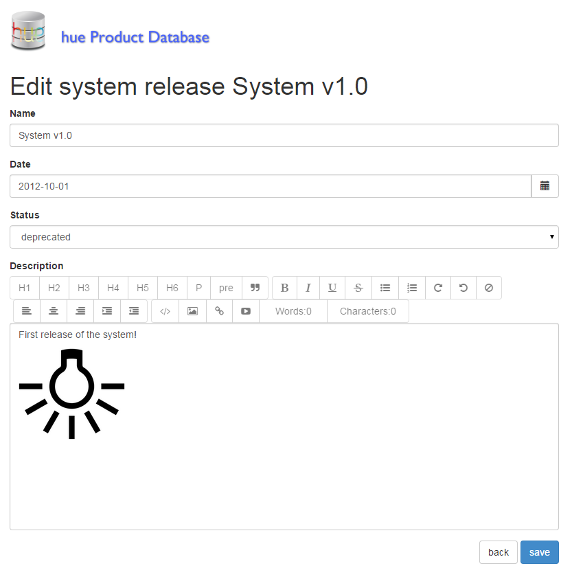 Edit scherm van een systeem release